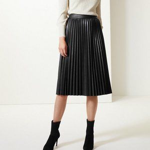 MONTEAU BLACK PLEATED FAUX LEATHER MIDI SKIRT Size M